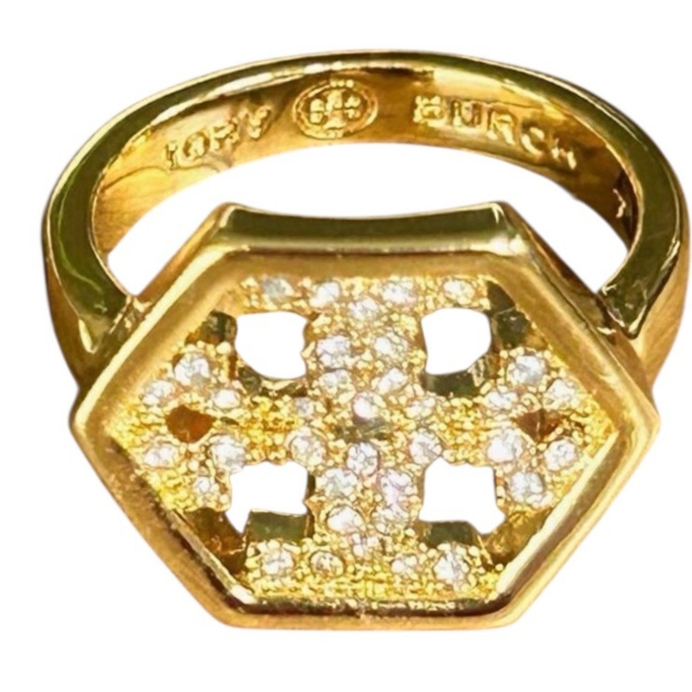 New Tory Burch Hexagon Pave Crystal Ring in gold-tone metal Size 7 with Tag